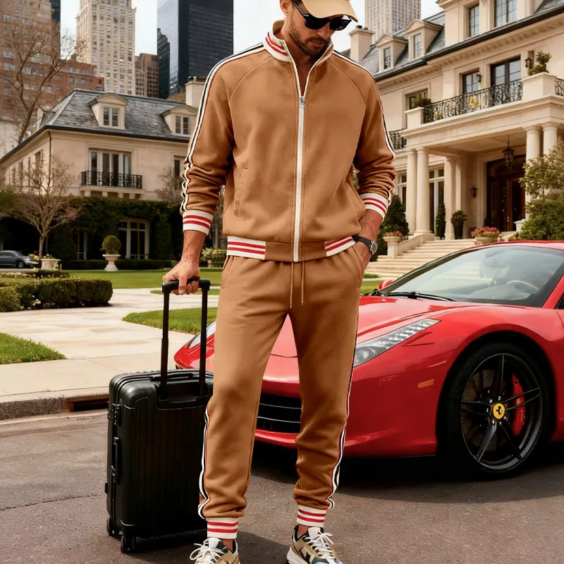 Men Fashion Casual Spring Autumn Fleece Long-Sleeve Zipper Jacket Pants Two-Piece Set
