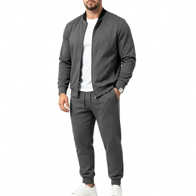 Men'S Fashion Casual Spring Autumn Solid Color Loose Long-Sleeve Zipper Jacket Pants Two-Piece Set