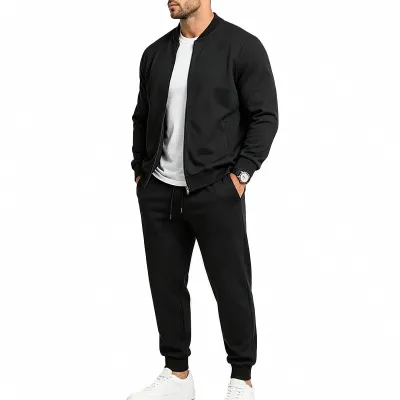 Men'S Fashion Casual Spring Autumn Solid Color Loose Long-Sleeve Zipper Jacket Pants Two-Piece Set