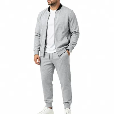 Men'S Fashion Casual Spring Autumn Solid Color Loose Long-Sleeve Zipper Jacket Pants Two-Piece Set