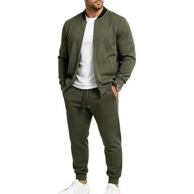 Men'S Fashion Casual Spring Autumn Solid Color Loose Long-Sleeve Zipper Jacket Pants Two-Piece Set