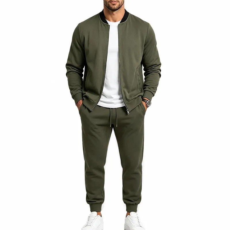 Men'S Fashion Casual Spring Autumn Solid Color Loose Long-Sleeve Zipper Jacket Pants Two-Piece Set