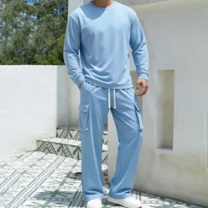 Men'S Fashion Casual Spring Autumn Solid Color Round-Neck Long Sleeve Sweatshirt Loose Pockets Pants Two-Piece Set