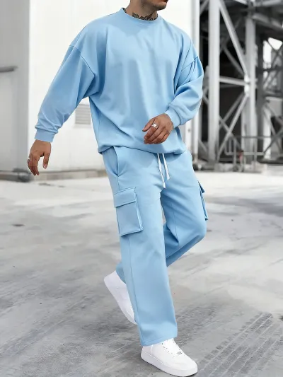 Men'S Fashion Casual Spring Autumn Solid Color Round-Neck Long Sleeve Sweatshirt Loose Pockets Pants Two-Piece Set