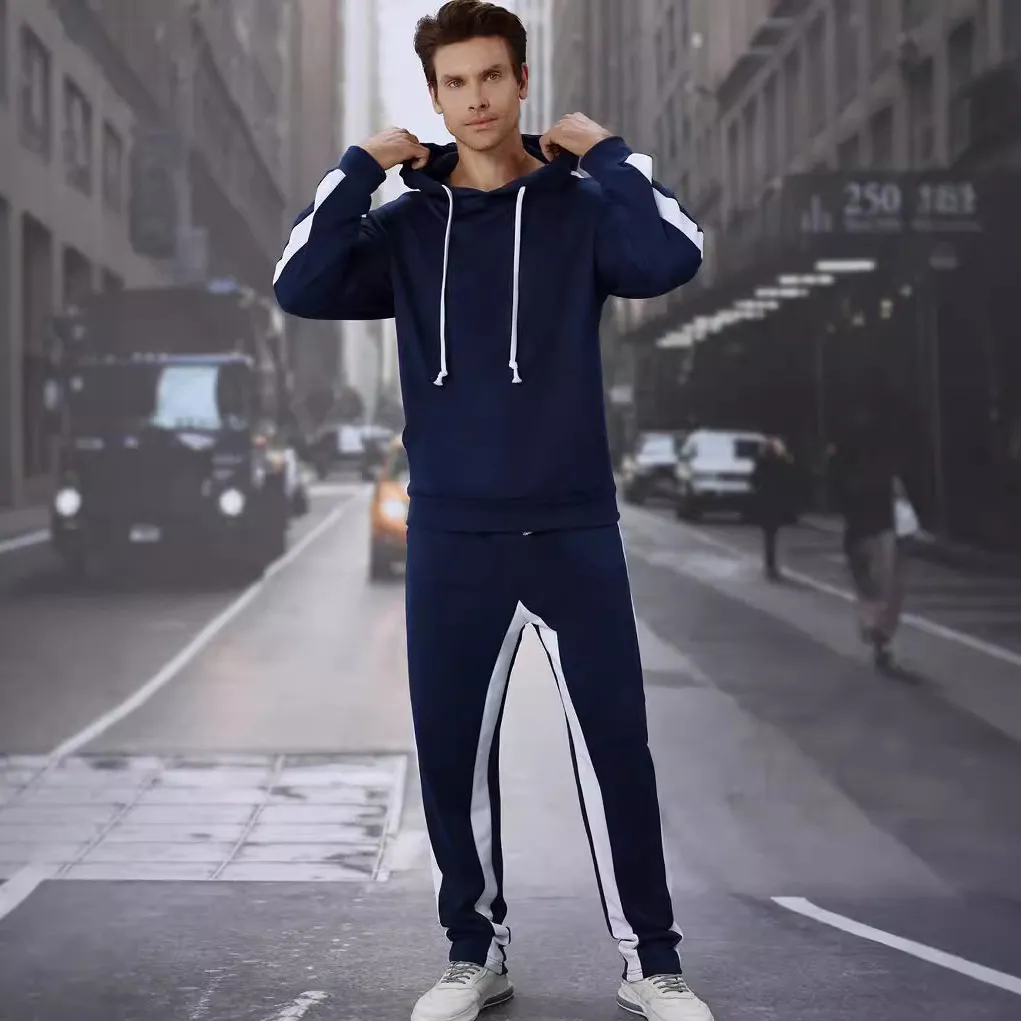 Men'S Fashion Casual Spring And Autumn Solid Color Stripe Hoodies Pants Two-Piece Set