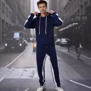 Men'S Fashion Casual Spring And Autumn Solid Color Stripe Hoodies Pants Two-Piece Set