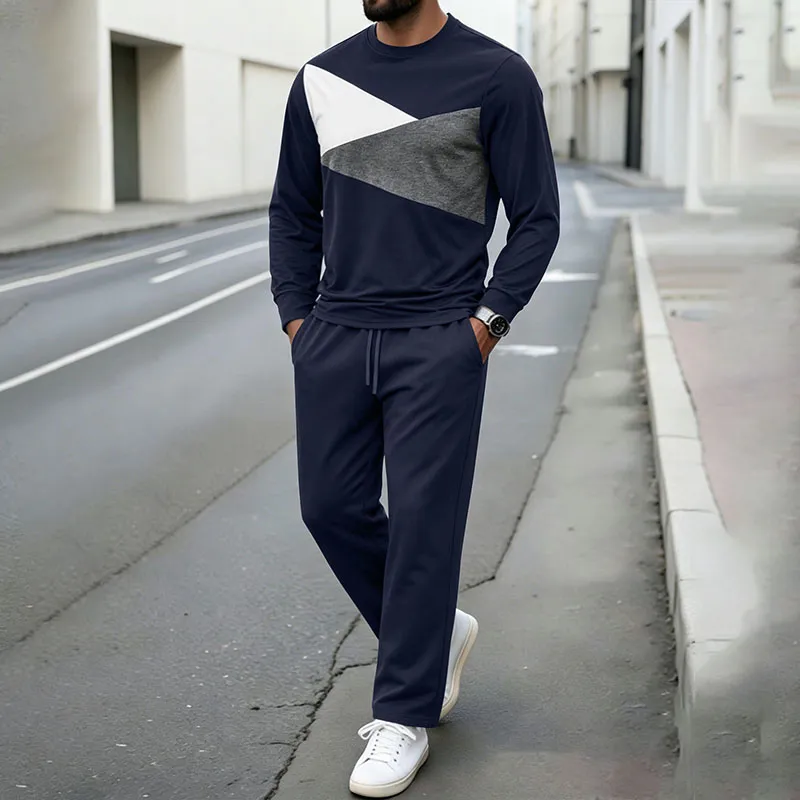 Men'S Fashion Casual Spring And Autumn Color-Matching Round Neck Long Sleeve Sweatshirt Straight Pants Two-Piece Set