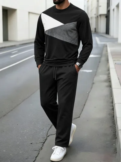 Men'S Fashion Casual Spring And Autumn Color-Matching Round Neck Long Sleeve Sweatshirt Straight Pants Two-Piece Set