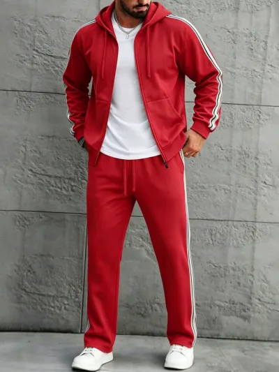 Men'S Fashion Casual Spring Autumn Solid Color Stripe Long-Sleeve Zipper Hoodies Straight Pants Two-Piece Set