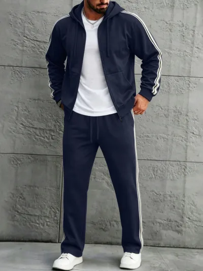 Men'S Fashion Casual Spring Autumn Solid Color Stripe Long-Sleeve Zipper Hoodies Straight Pants Two-Piece Set