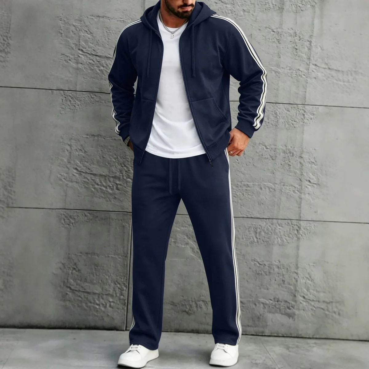 Men'S Fashion Casual Spring Autumn Solid Color Stripe Long-Sleeve Zipper Hoodies Straight Pants Two-Piece Set
