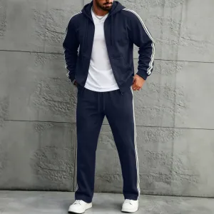 Men'S Fashion Casual Spring Autumn Solid Color Stripe Long-Sleeve Zipper Hoodies Straight Pants Two-Piece Set