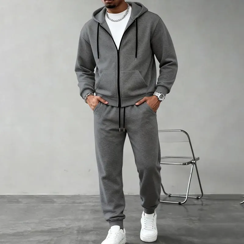 Men'S Fashion Casual Autumn And Winter Fleece Solid Color Long-Sleeved Hoodies Pants Two-Piece Set