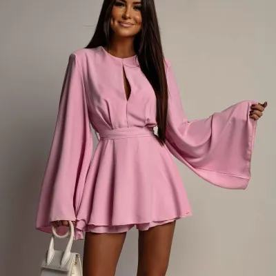 Autumn Women Casual Fashion Backless Long Sleeve A- Line Dress