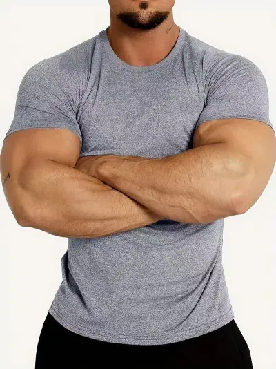 Men'S Fashion Casual Simple Solid Color Quick-Drying Round Neck Short-Sleeve Slim-Fit Elastic T-Shirt
