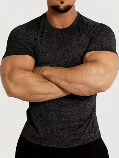 Men'S Fashion Casual Simple Solid Color Quick-Drying Round Neck Short-Sleeve Slim-Fit Elastic T-Shirt