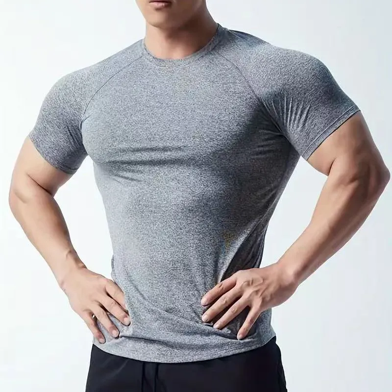 Men'S Fashion Casual Simple Solid Color Quick-Drying Round Neck Short-Sleeve Slim-Fit Elastic T-Shirt