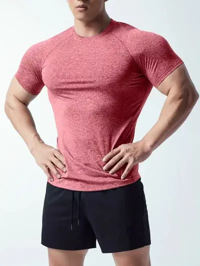 Men'S Fashion Casual Simple Solid Color Quick-Drying Round Neck Short-Sleeve Slim-Fit Elastic T-Shirt
