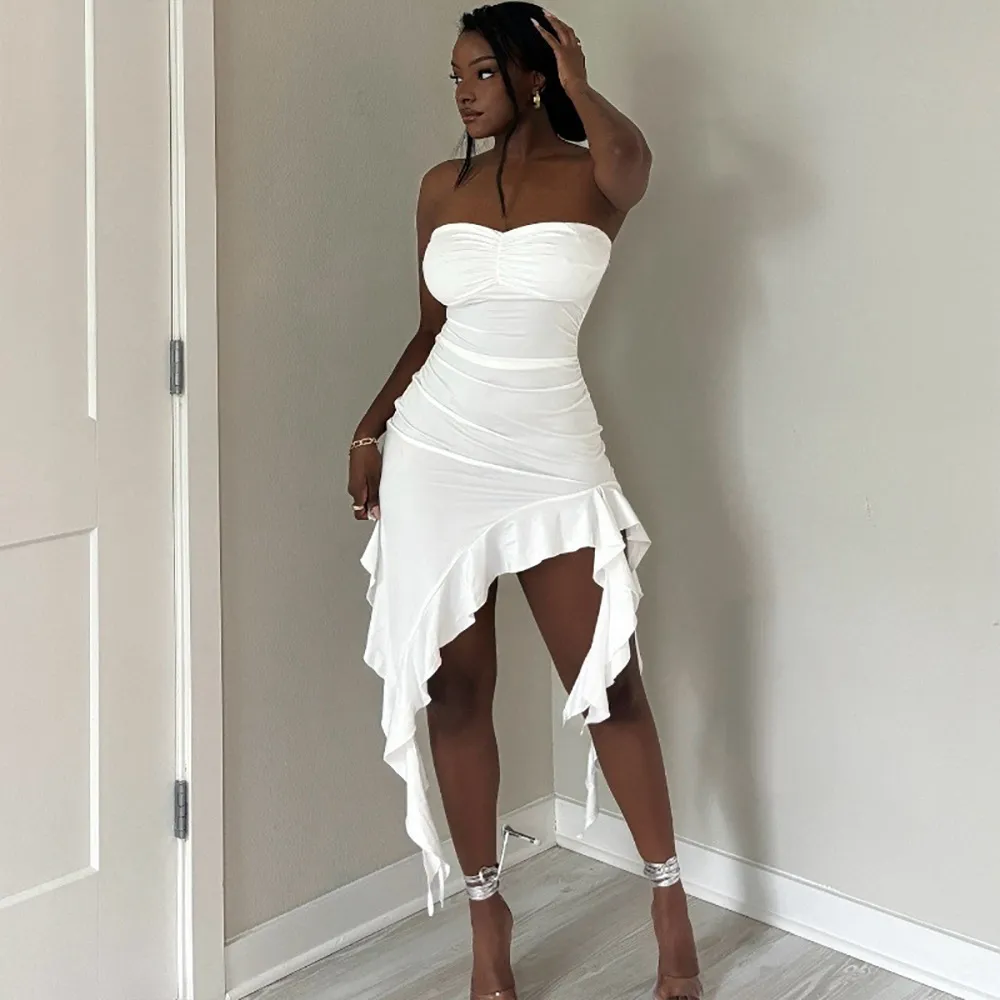 Summer Women Sexy Solid Color Strapless Irregular Hem Ruffled Dress