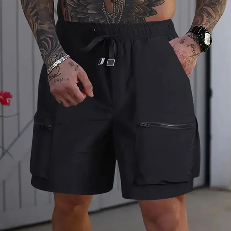 Men Fashion Casual Summer Solid Color Multi-Pocket Thin Loose Cargo Shorts