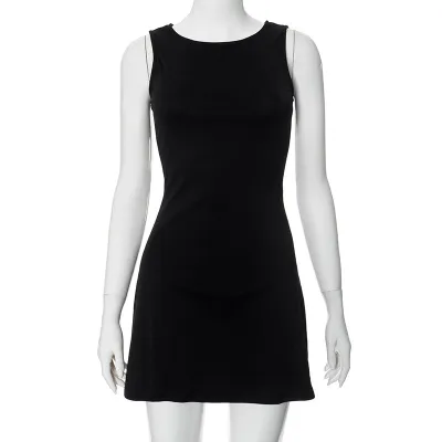 Summer Women Sexy Solid Color Round Neck Sleeveless Mini Dress