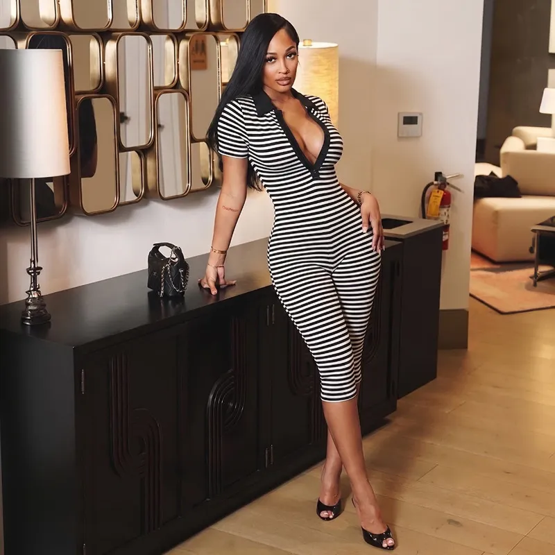 Women'S Sexy Stripe Print Lapel Short Sleeve Rompers