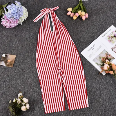 Women Sexy Fashion Stripe Printed V-Neck Halter Rompers