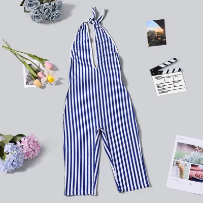 Women Sexy Fashion Stripe Printed V-Neck Halter Rompers