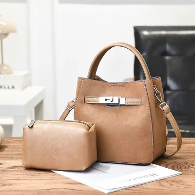 Women Fashion Retro Solid Color Large Capacity Handbag Two-Piece Bag Set