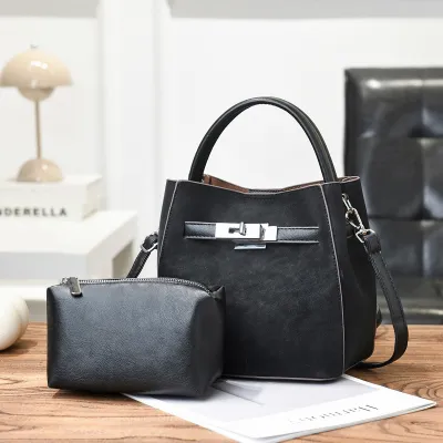 Women Fashion Retro Solid Color Large Capacity Handbag Two-Piece Bag Set