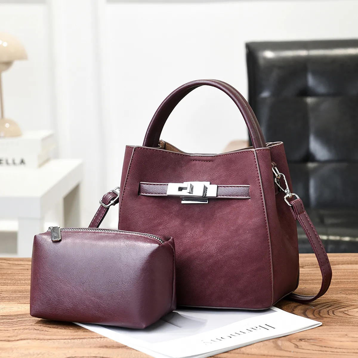 Women Fashion Retro Solid Color Large Capacity Handbag Two-Piece Bag Set