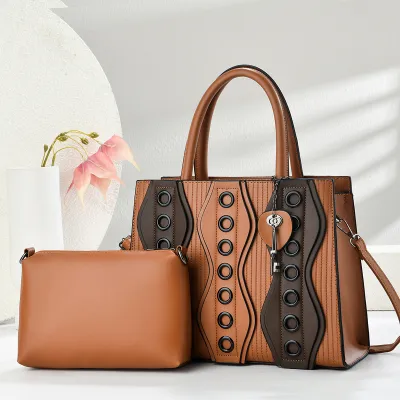 Women Fashion Casual Color Block Handbag Two-Piece Bag Set