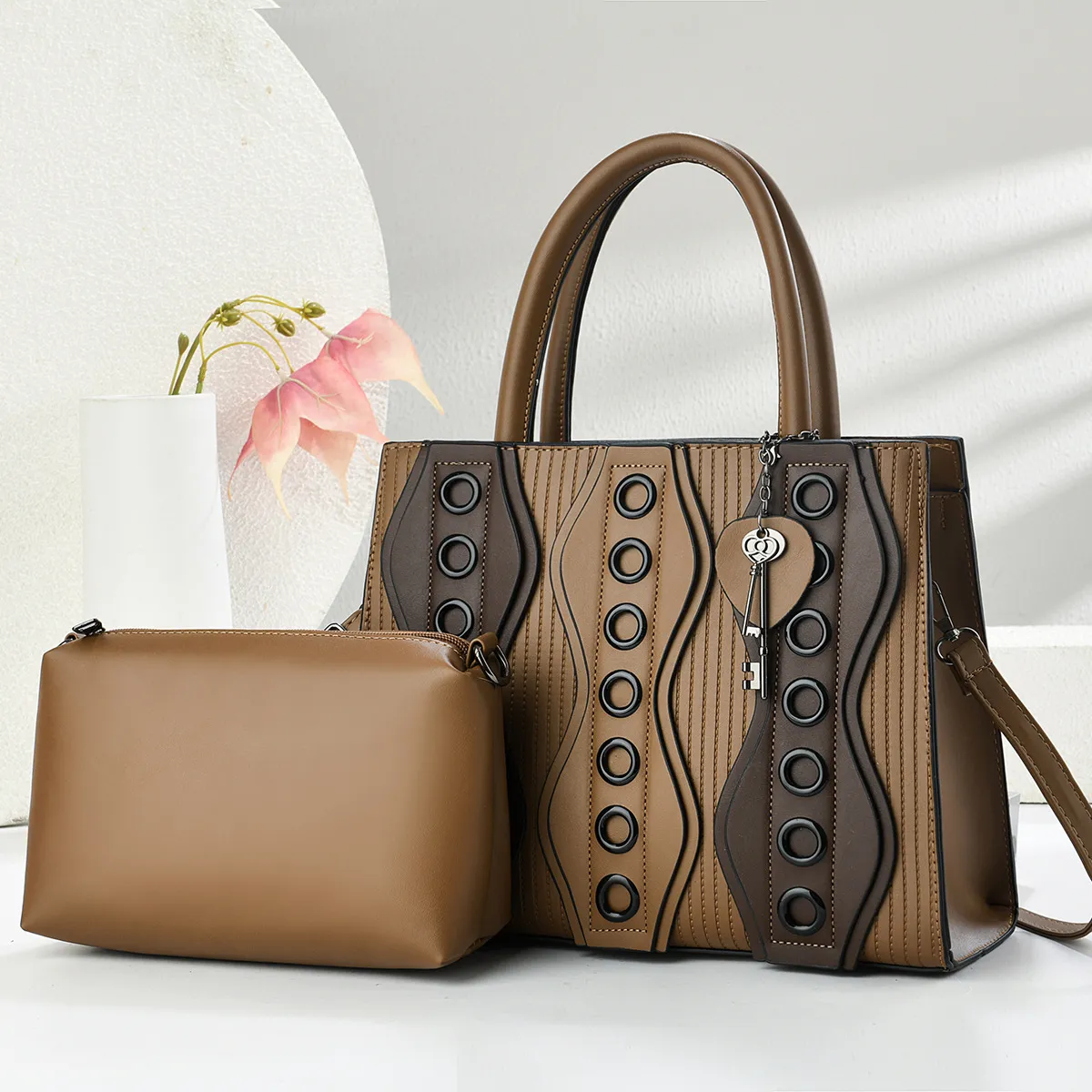 Women Fashion Casual Color Block Handbag Two-Piece Bag Set