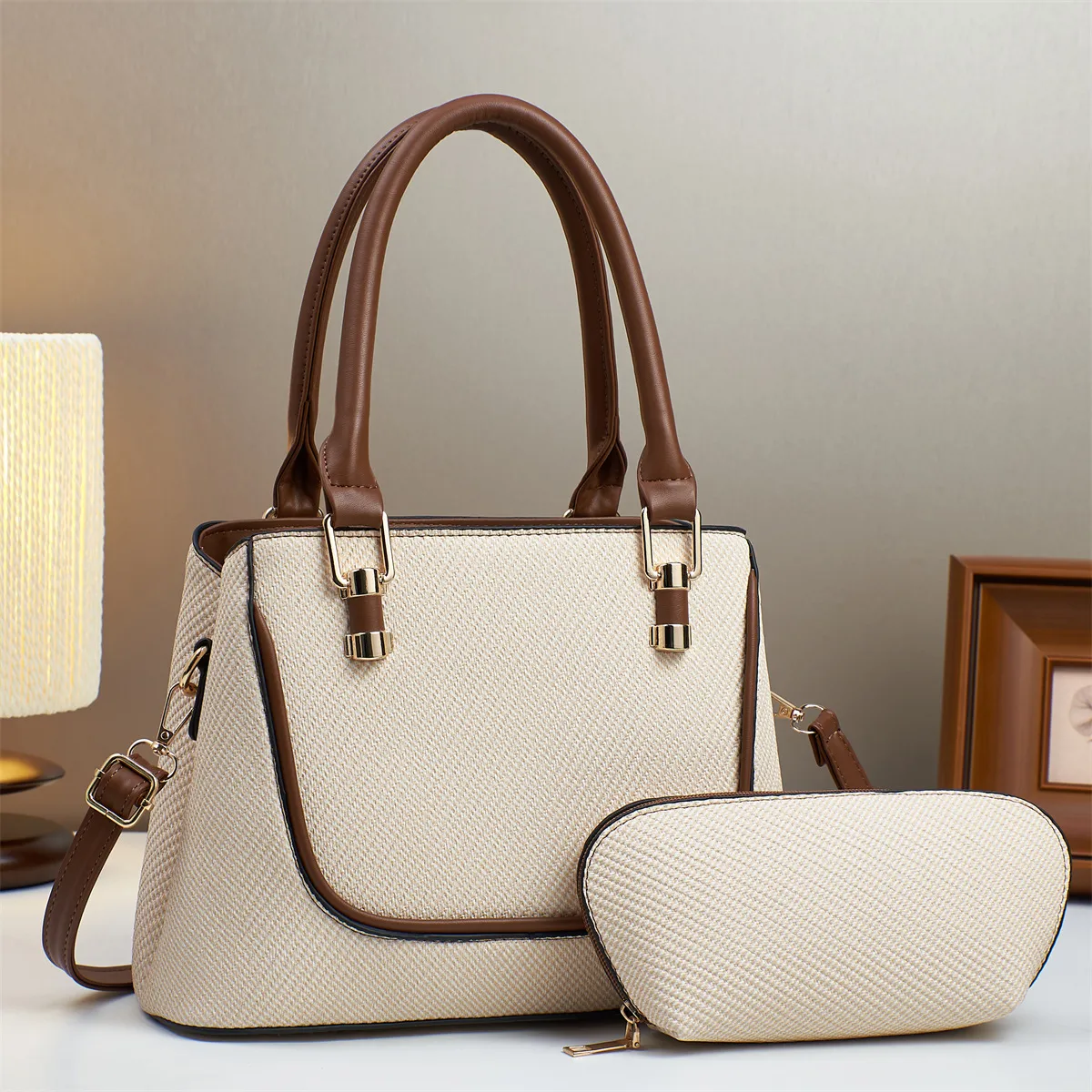Women Fashion Retro Large Capacity Handbag Two-Piece Bag Set