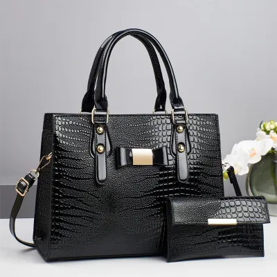 Women Fashion Casual Crocodile Pattern Handbag Two-Piece Bag Set