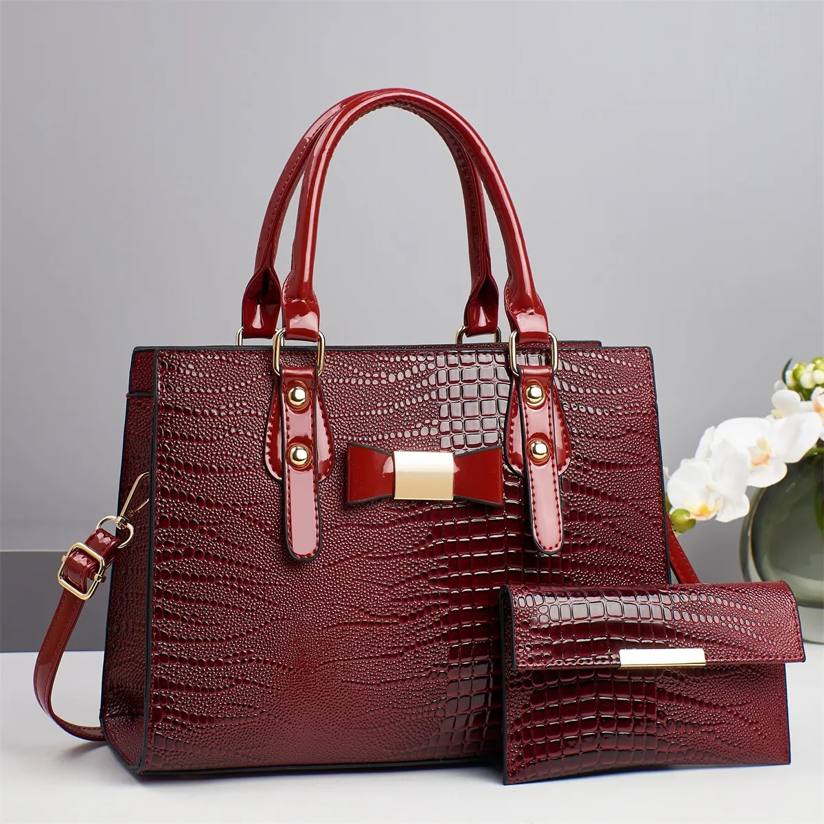 Women Fashion Casual Crocodile Pattern Handbag Two-Piece Bag Set