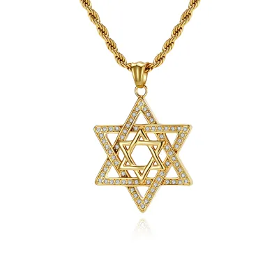 Men Fashion Titanium Steel Rhinestone Six-Pointed Star Necklace