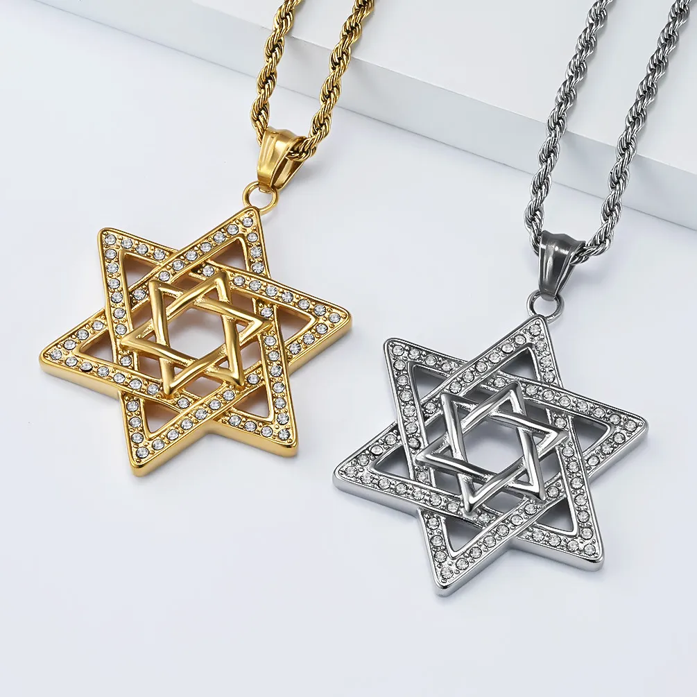 Men Fashion Titanium Steel Rhinestone Six-Pointed Star Necklace