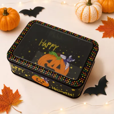 Halloween Transparent Lid Tinplate Box Cartoon Witch Pumpkin Candy Holiday Decoration Box
