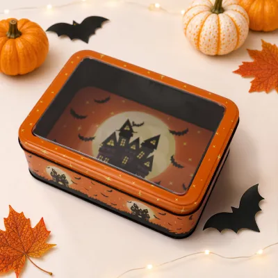 Halloween Transparent Lid Tinplate Box Cartoon Witch Pumpkin Candy Holiday Decoration Box