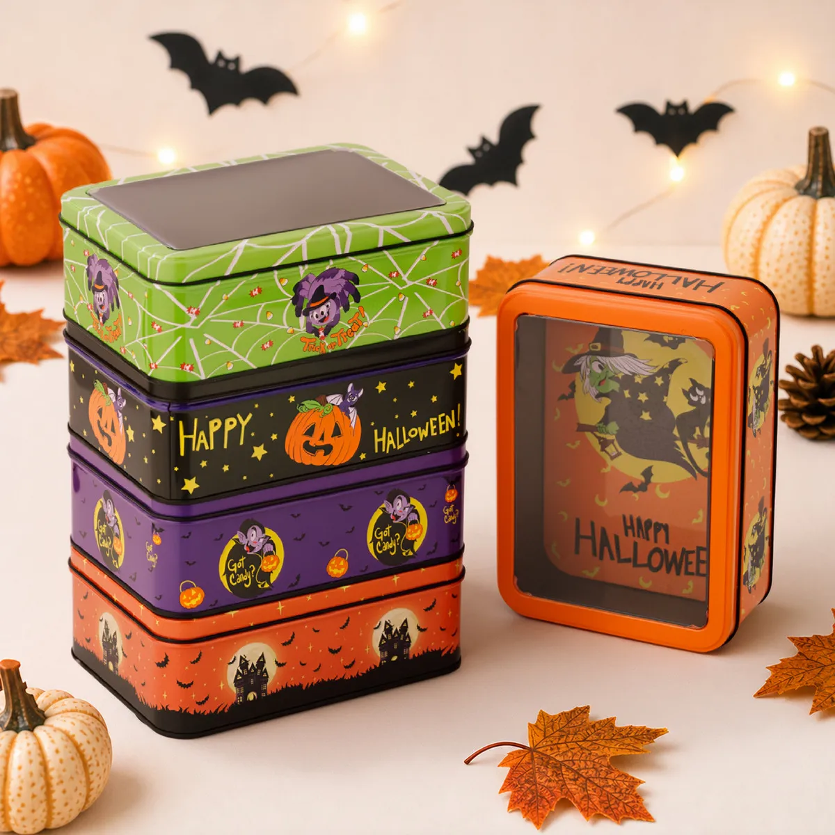 Halloween Transparent Lid Tinplate Box Cartoon Witch Pumpkin Candy Holiday Decoration Box