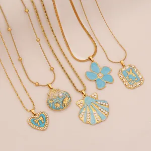 Women Fashion Ocean Blue Imitation Pearl Shell Scallop Love Floral Bird Pendant Necklace