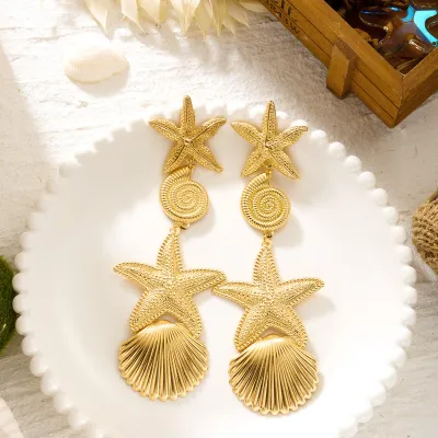 Women Fashion Exaggerated Summer Ocean Beach Vacation Starfish Conch Earrings