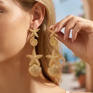 Women Fashion Exaggerated Summer Ocean Beach Vacation Starfish Conch Earrings