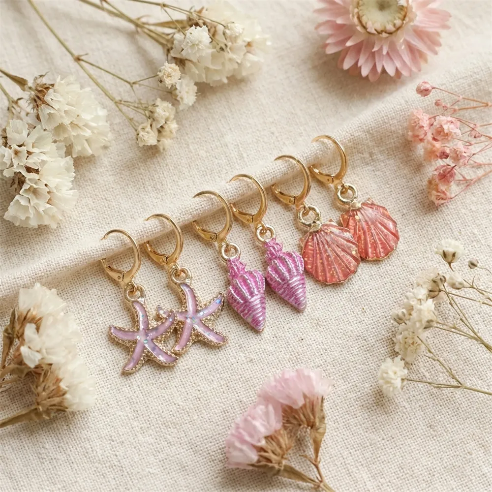 Women Fashion Ocean Vacation Beach Shell Star Alloy Oil Drop Earrings 3pair/Set