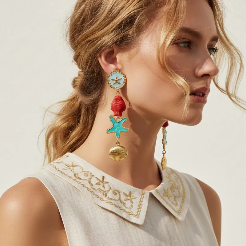 Women Fashion Exaggerated Layered Ocean Starfish Small Fish Shell Stitching Earrings