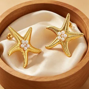 Women Fashion Vacation Ocean Starfish Pearl Earrings