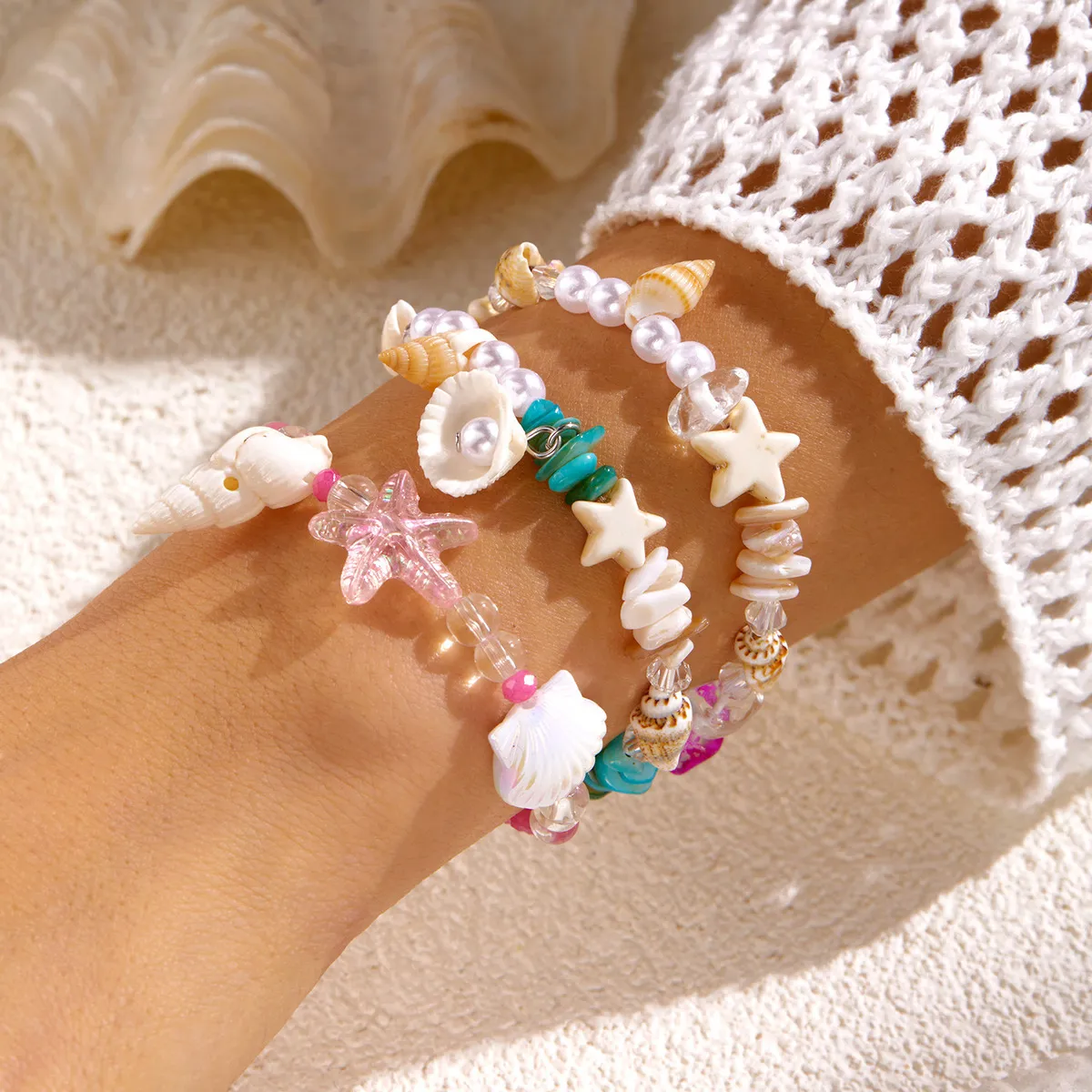 Women Fashion Summer Ocean Shell Conch Gravel Handmade Bracelet