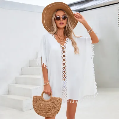 Women Fashion Sexy Solid Color Hollow-Out Beach Stitching Tassel Swimsuit Cover-Ups