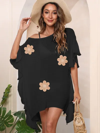 Women Fashion Ruffled Solid Color Flower Loose Beach Swimsuit Cover-Ups